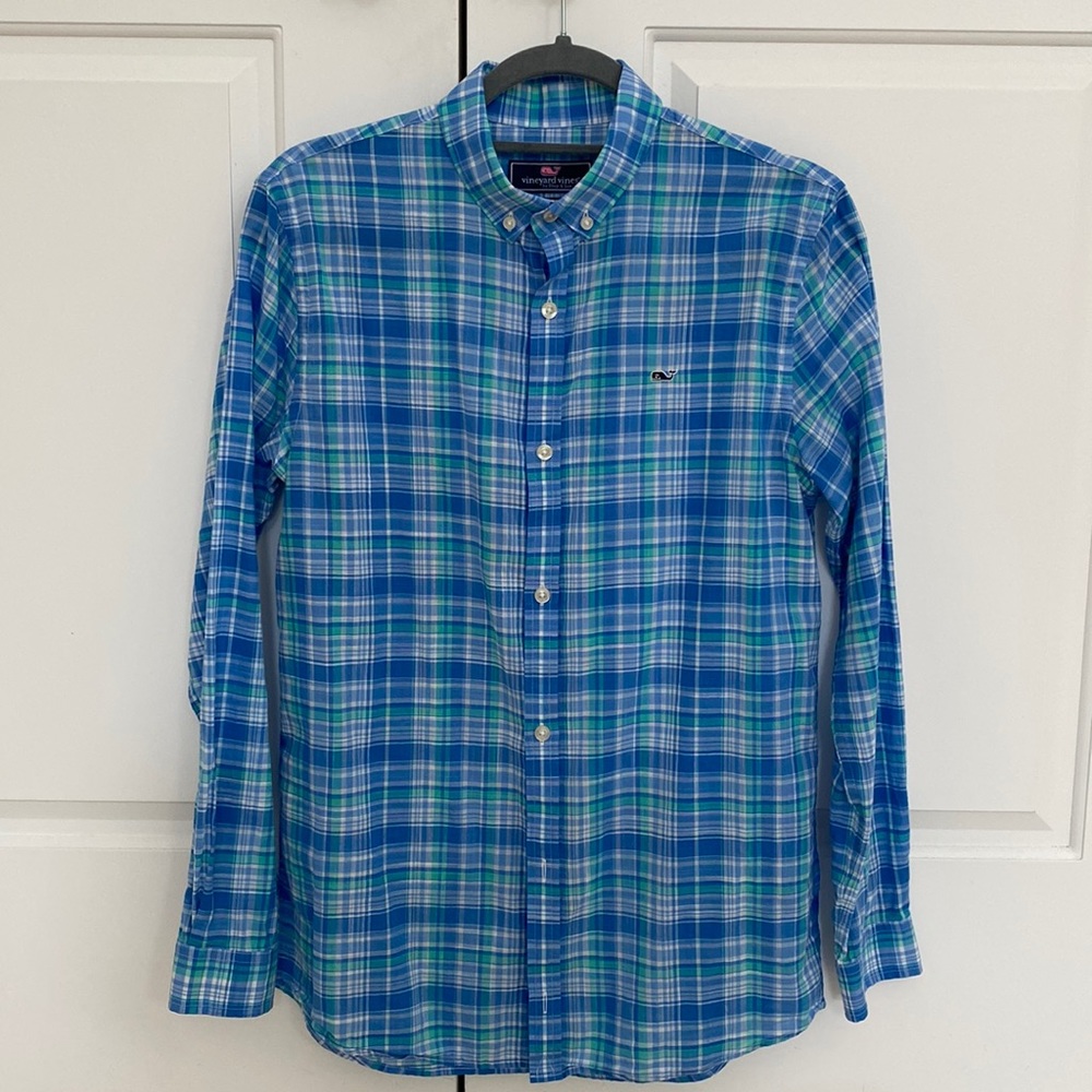 Vineyard Vines Boys' Plaid Whale Shirt-Antigua Green size XL/18